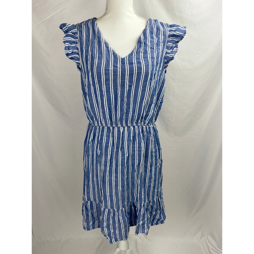 Loft Outlet Women Size XL Blue White Stripe Dress Flutter Sleeve V-neck Cottage